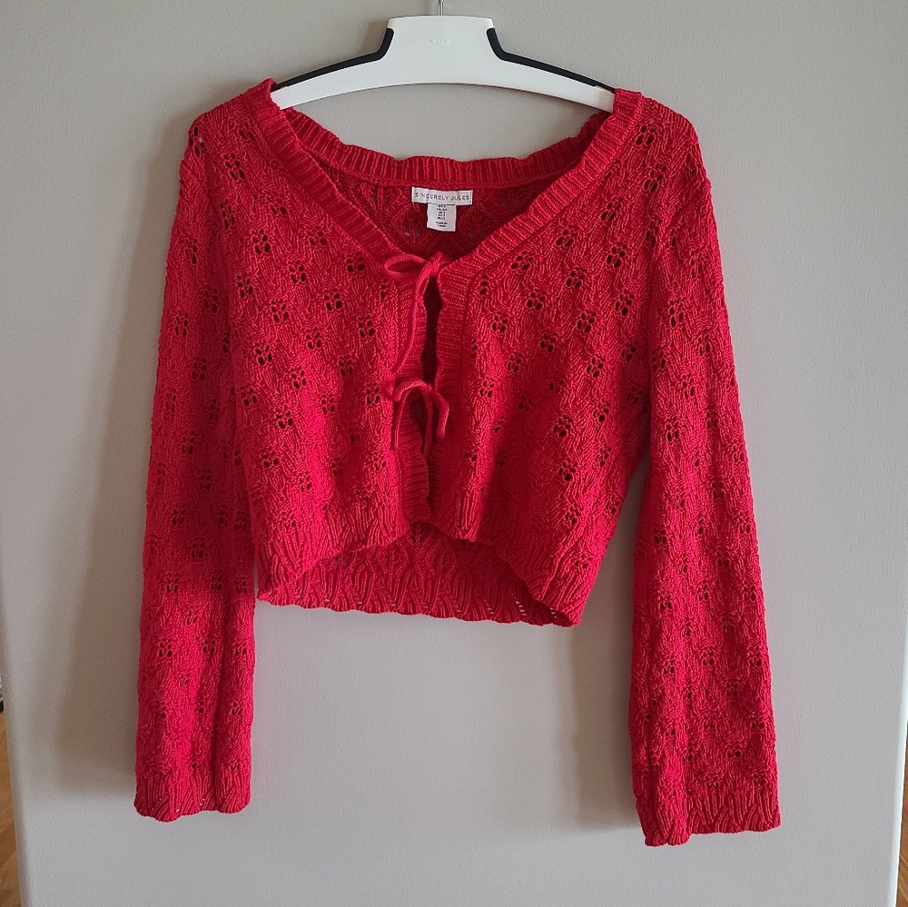 Sincerely Jules Cropped Knit Tie Cardigan - Red - Tie Front - Wide Sleeves